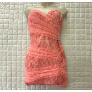 BEBE Womens Dress Small Coral Pink Lace Mini Sheath Retro Y2K Coquette Party